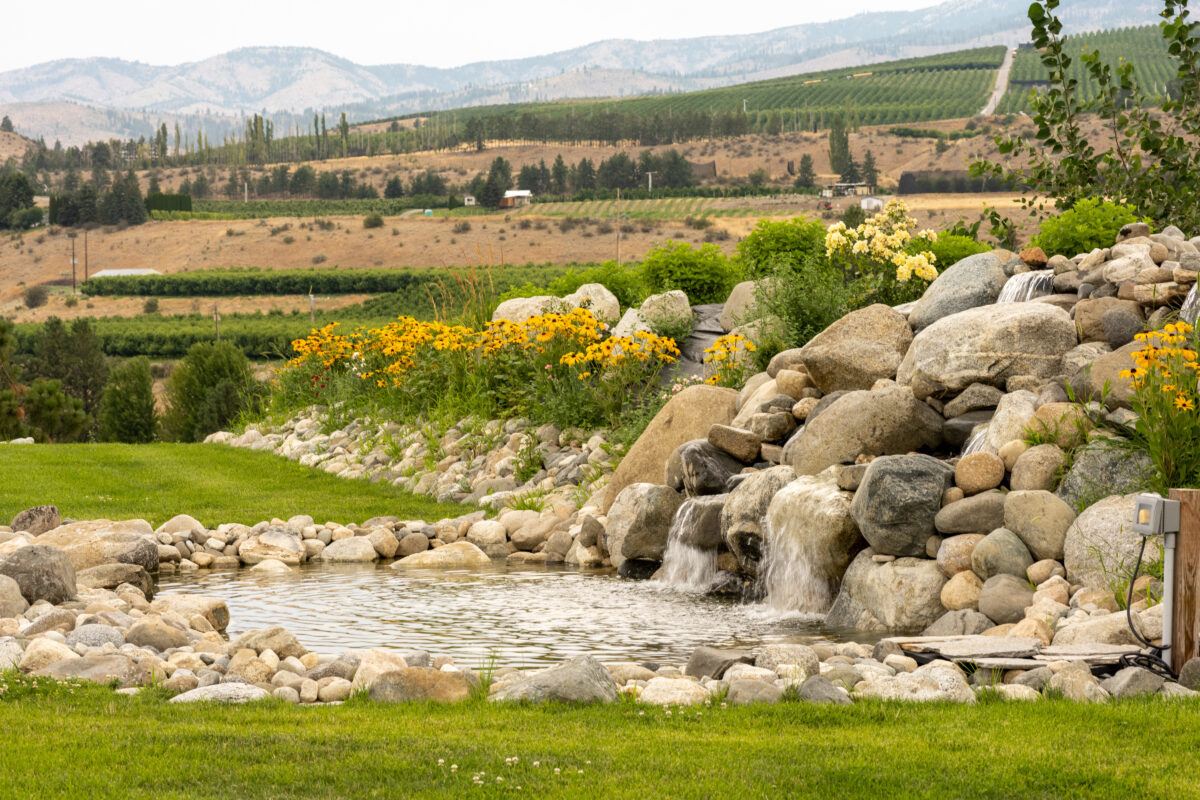 landscaped waterfall at Chelan Ranch for eco-friendly venue